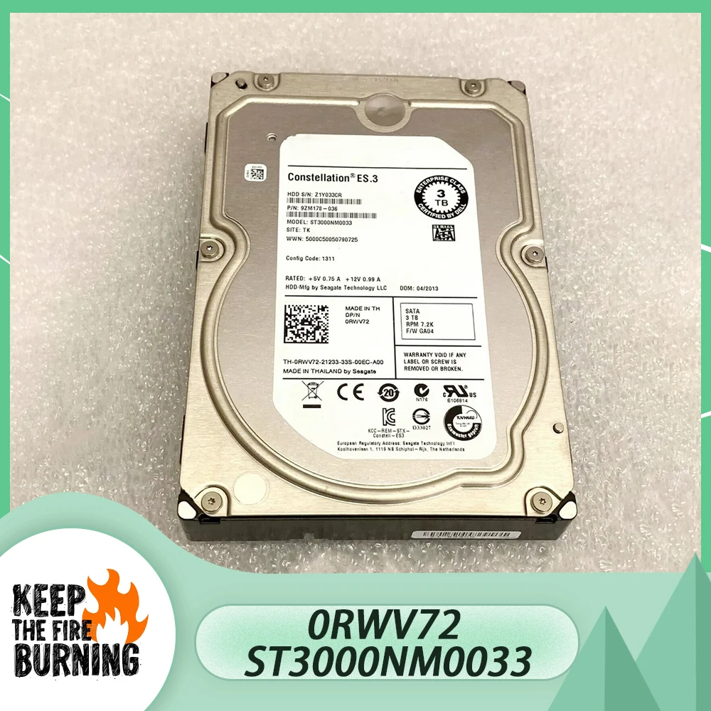 For DELL 0rwv72 HDD 3t 7.2k 3.5'' SATA 3TB st3000nm0033 9zm178-036 Hard Disk