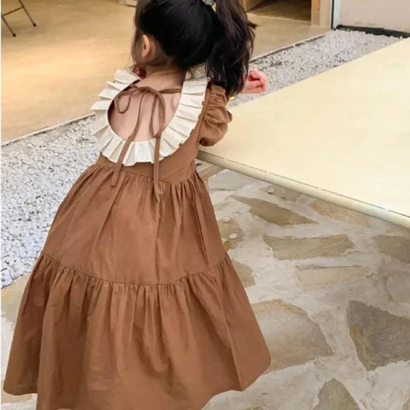 

2024 Summer Girls' Dresses French Style Open Back Dress Lace Neck Princess Dress New Casual Children's Dress Baby Kids Clothing