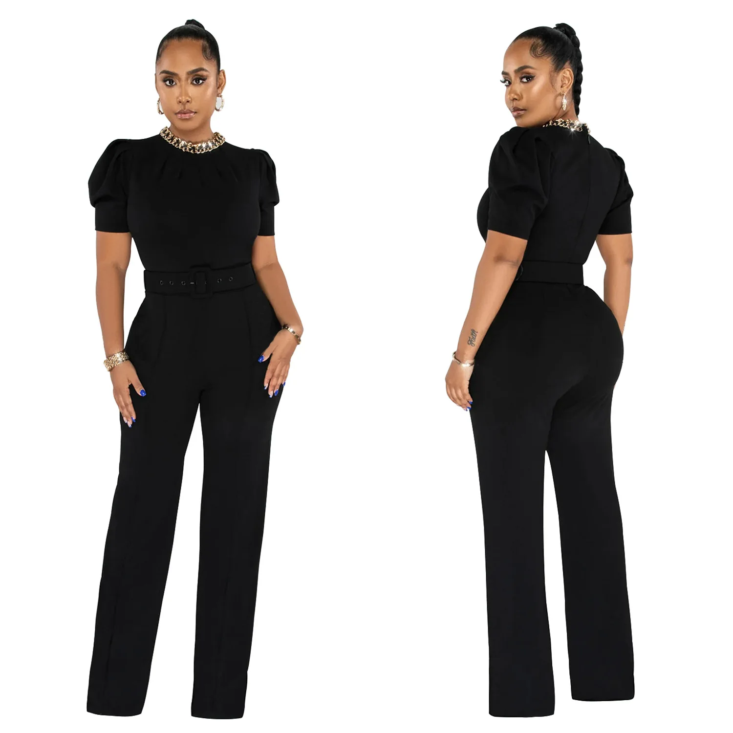 EINYOO Zevity Fashion Women's Solid Chain Neck Short Sleeve Long Pants Evening Formal Party Bodycon Belt Prom Jumpsuit Traf Y2K