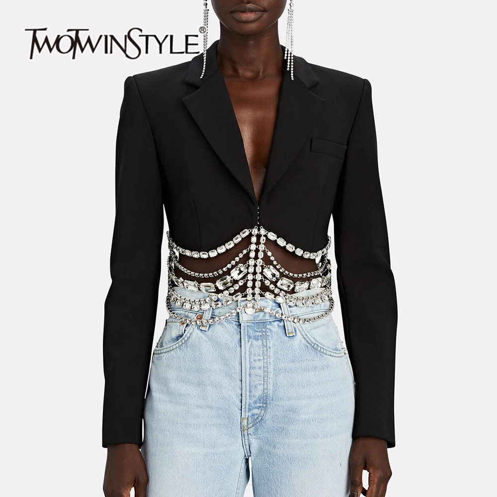 TWOTWINSTYLE-Chaqueta ajustada con cadena de diamantes para mujer, Blazer de manga larga con cuello con muescas, estilo informal, color liso