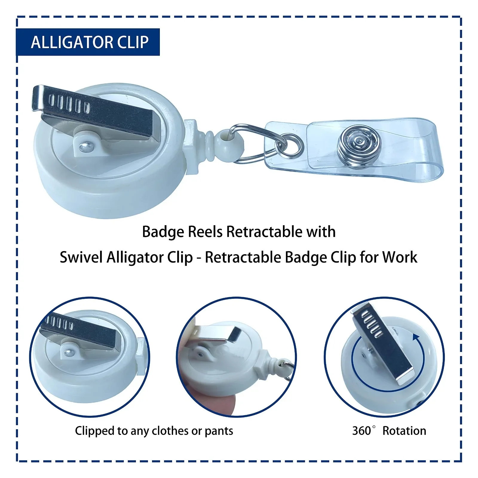 100 Pack White/Black/Translucent Retractable ID Name Badge Holder Reels with Swivel Alligator Clip Bulk Pack Premium Badge