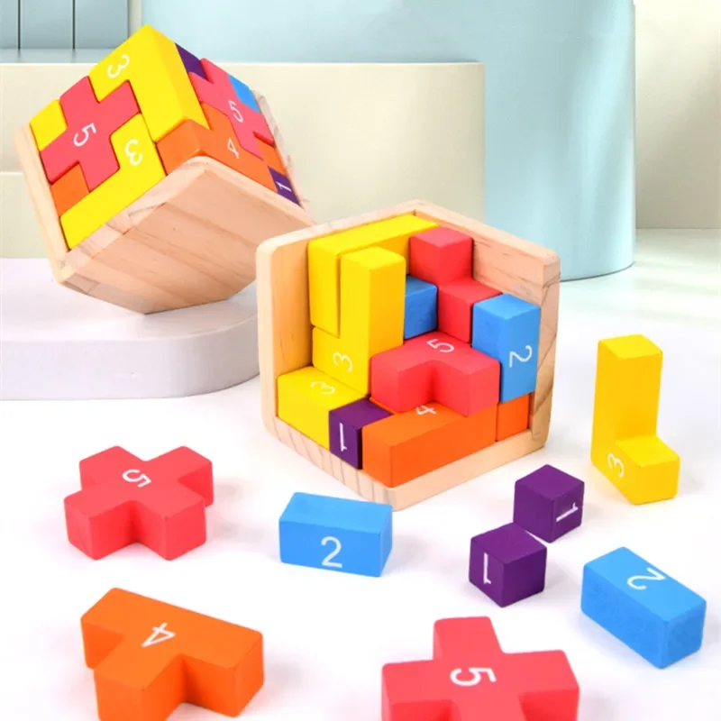 Bunte Holzpuzzles, klassischer Luban-Schlosswürfel, 3D-Puzzlespielzeug, geistiges Spiel für Kinder und Erwachsene