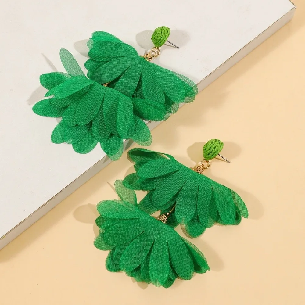 Trendy Exaggerated Chiffon Flower Earrings Boho Style Handwoven Long Drop Earrings Colorful Fabric Tassel Earrings for Women