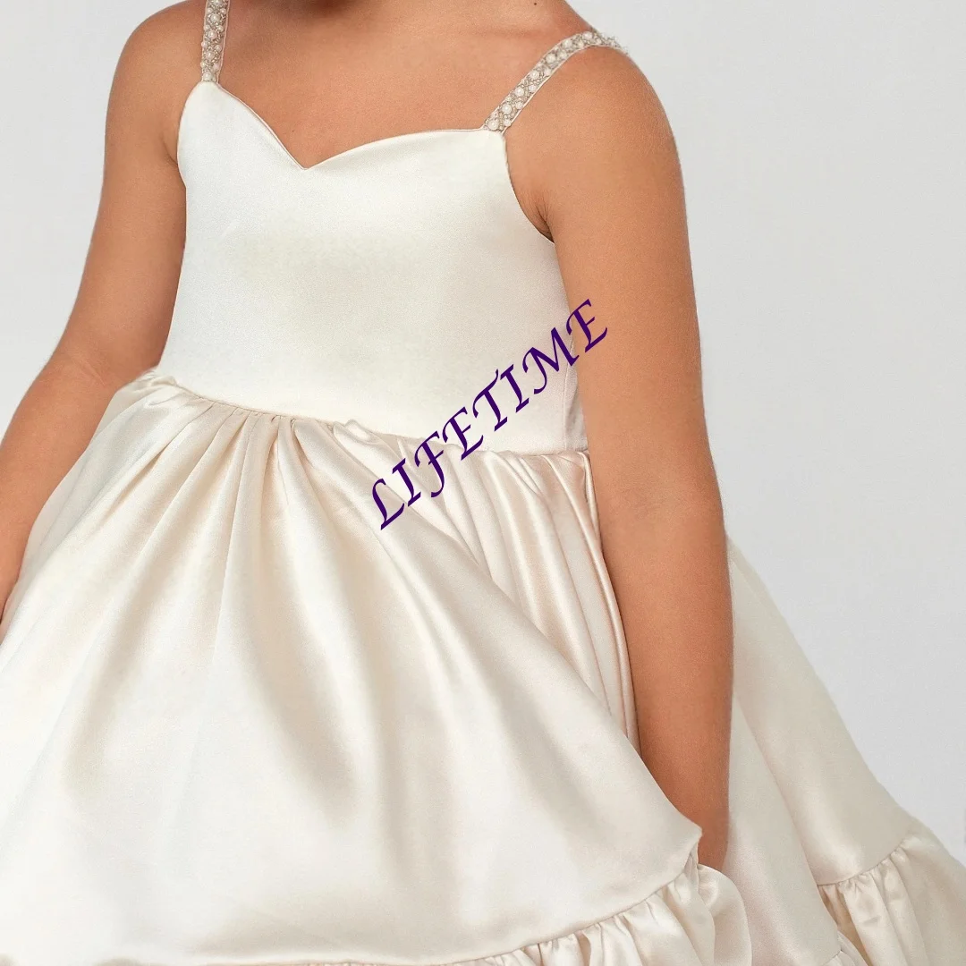 Customized Ivory Satin Puffy Sequins Princess Dress for Flower Girl Wedding First Communion Birthday Party Performance