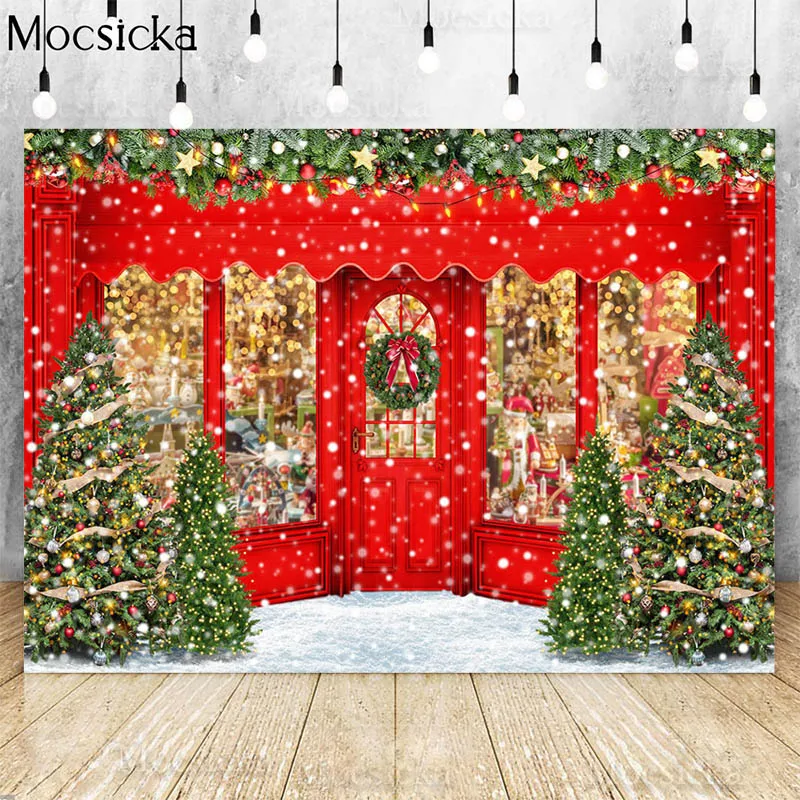 

Christmas Shop Photography Backdrop Xmas Tree Red House Winter Snow Photocall Baby Kids Birthday Portrait Background Photostudio