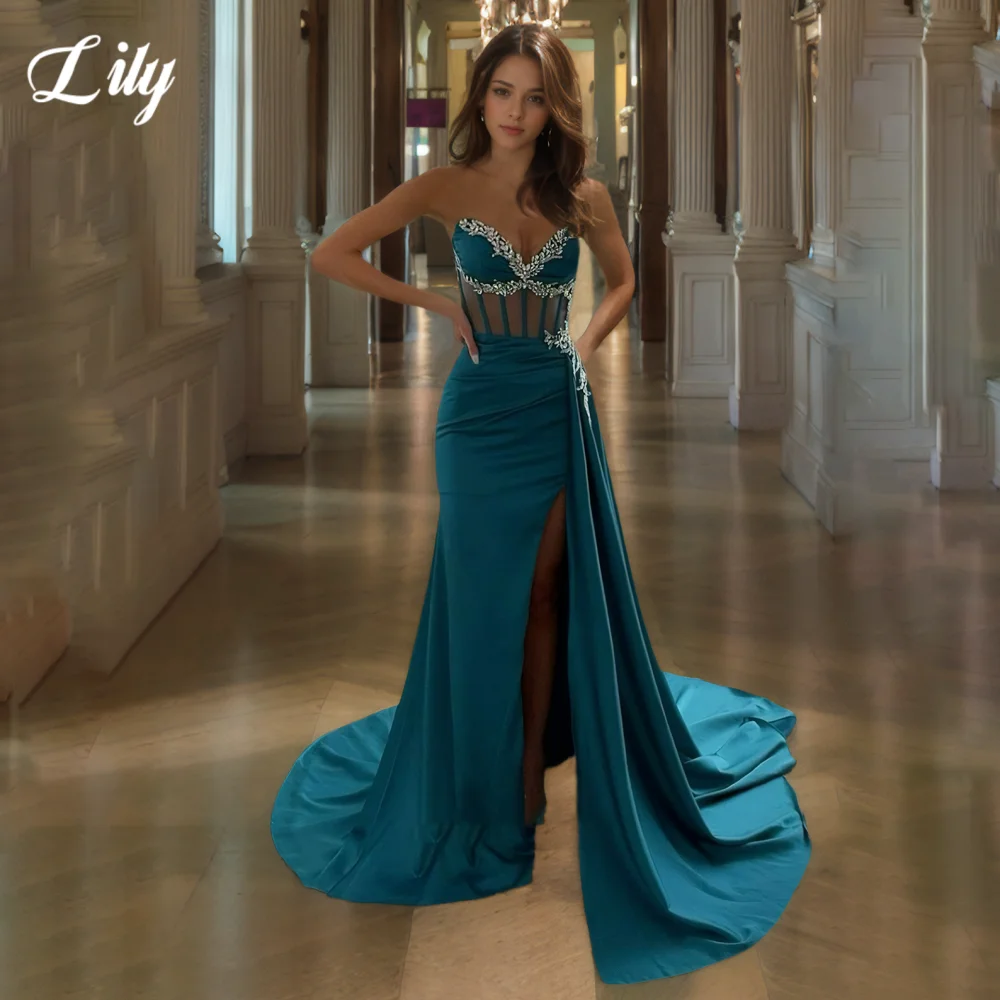 

Lily Sexy Modern Style Evening Dress Sequins V-Neck Backless Hollow Prom Dress Satin Side Split Ball Gown robe de bal Customized