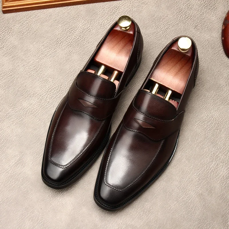 Large Size EUR46 Black / Coffee/ Brown / Wine Red Loafers Mens Dress Shoes Genuine Leather Prom Shoes Mens Wedding Shoes