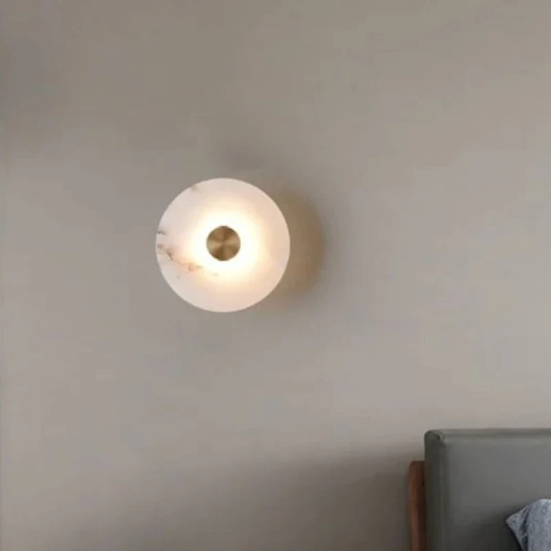 Art Deco Round LED Wall Sconce Natural Marble Brass Parlor Aisle Corridor Wall Lights Atmosphere Decoration Lamp Drop Shipping