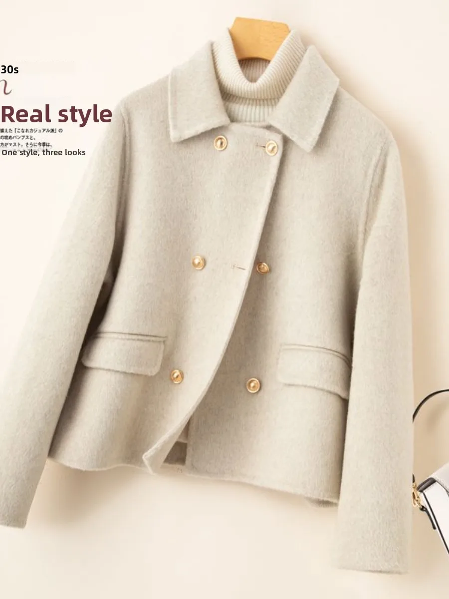 

Double-Sided Women's Short Coat Loose Fit Autumn Winter New Style Premium Woolen Outerwear Set with Double Rows of Buttons