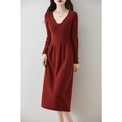 2024 Autumn/Winter Cashmere V-neck  Women Dresses 100% Wool Knitted Jumpers New Fashion Long Dresses Female Long Sleeve Pullover