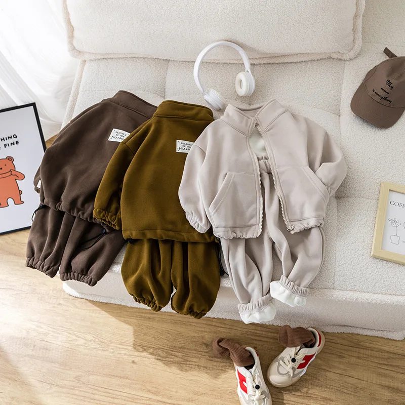 Winter Neue Kinder Warme Kleidung Set Mädchen Plus Samt Dicken Zipper Mantel + Fleece Hosen 2 stücke Hosen Anzug Jungen kleinkind Outfits
