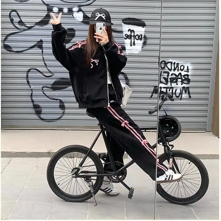 

Autumn Fashion Bow Suits Long Sleeved Zipper Sweatshirt + High Waisted Wide Leg Pants Casual Sports 2 Pcs Sets Women Y2k Suits