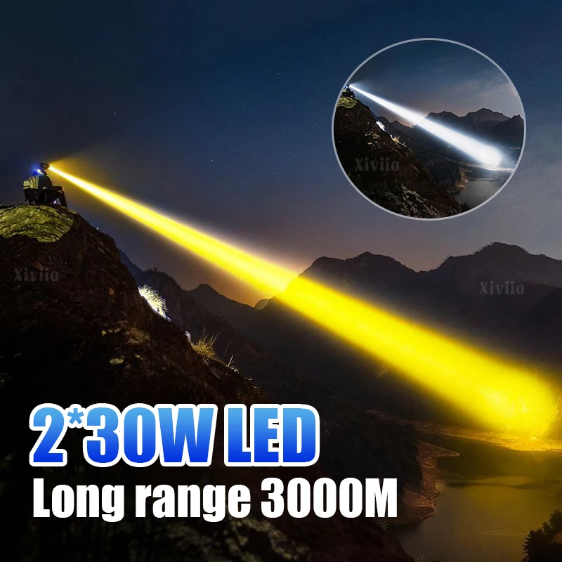 2*30W White/Yellow Light High Power LED Headlight Super Bright Head Flashlight Long Range 3000M Camping Fishing Head Lantern