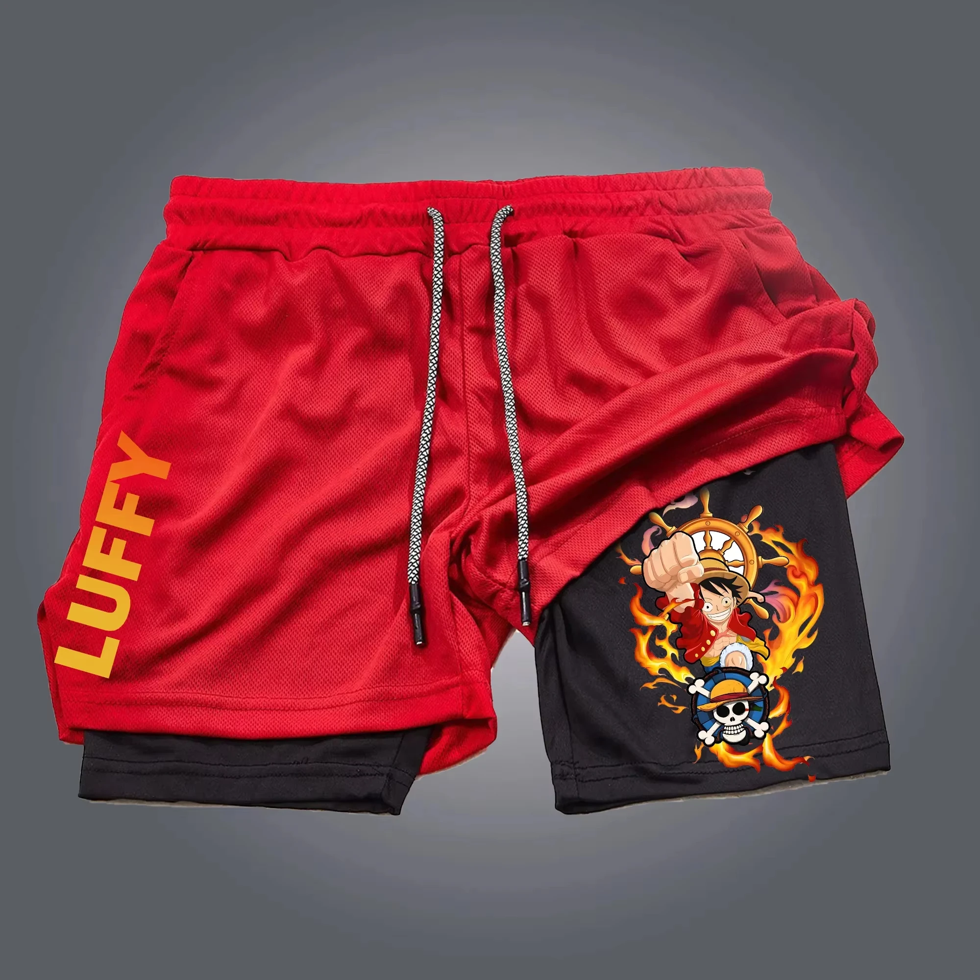 Shorts esportivos em camadas estilo anime One Piece adequados para treinamento e fitness para unissex de secagem rápida e confortável