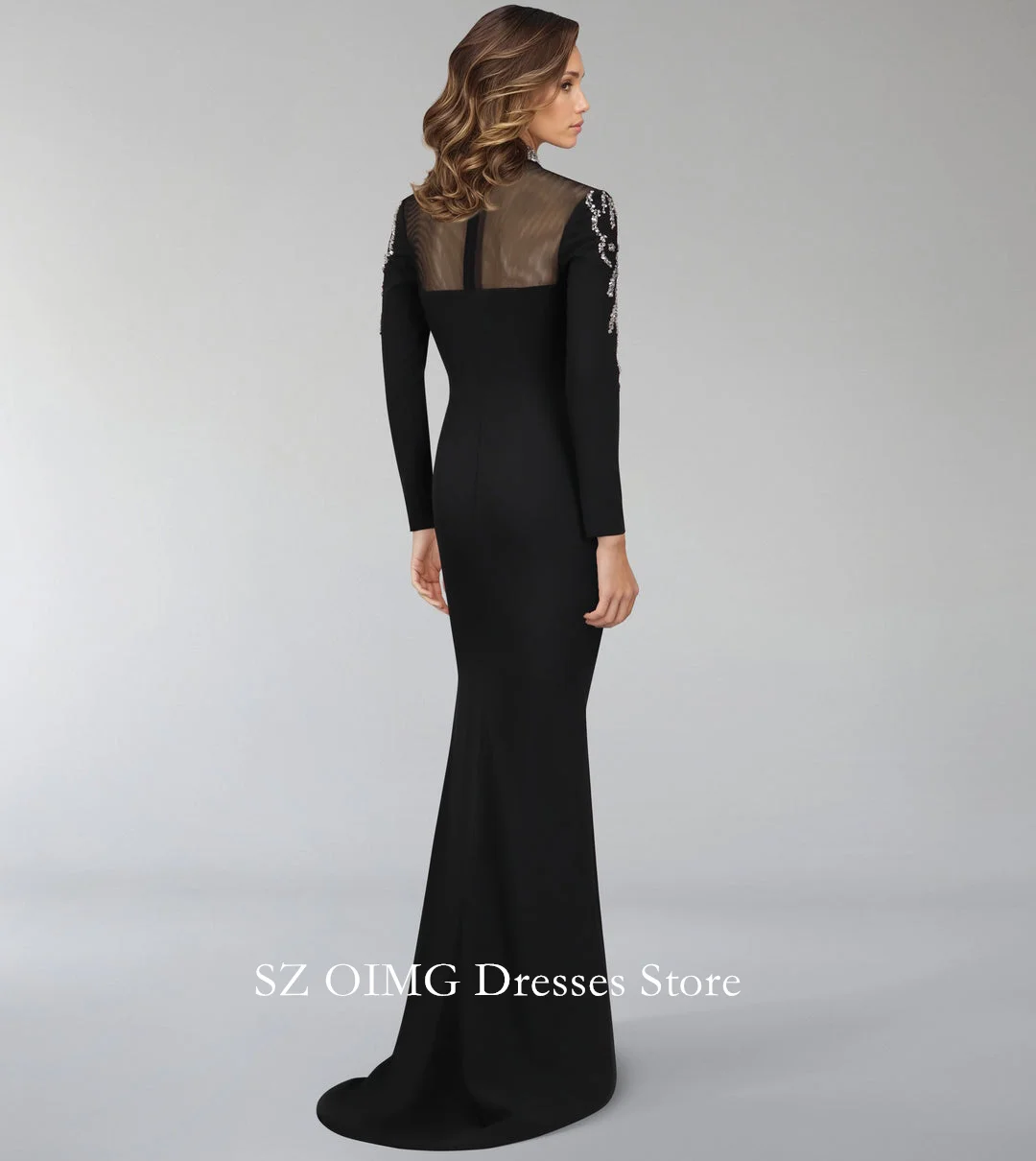 OIMG Dubai Crepe Satin Classic Black Prom Dresses Sequined High Beaded Neck Sweep Train Women Evening Gowns Formal Party Dress