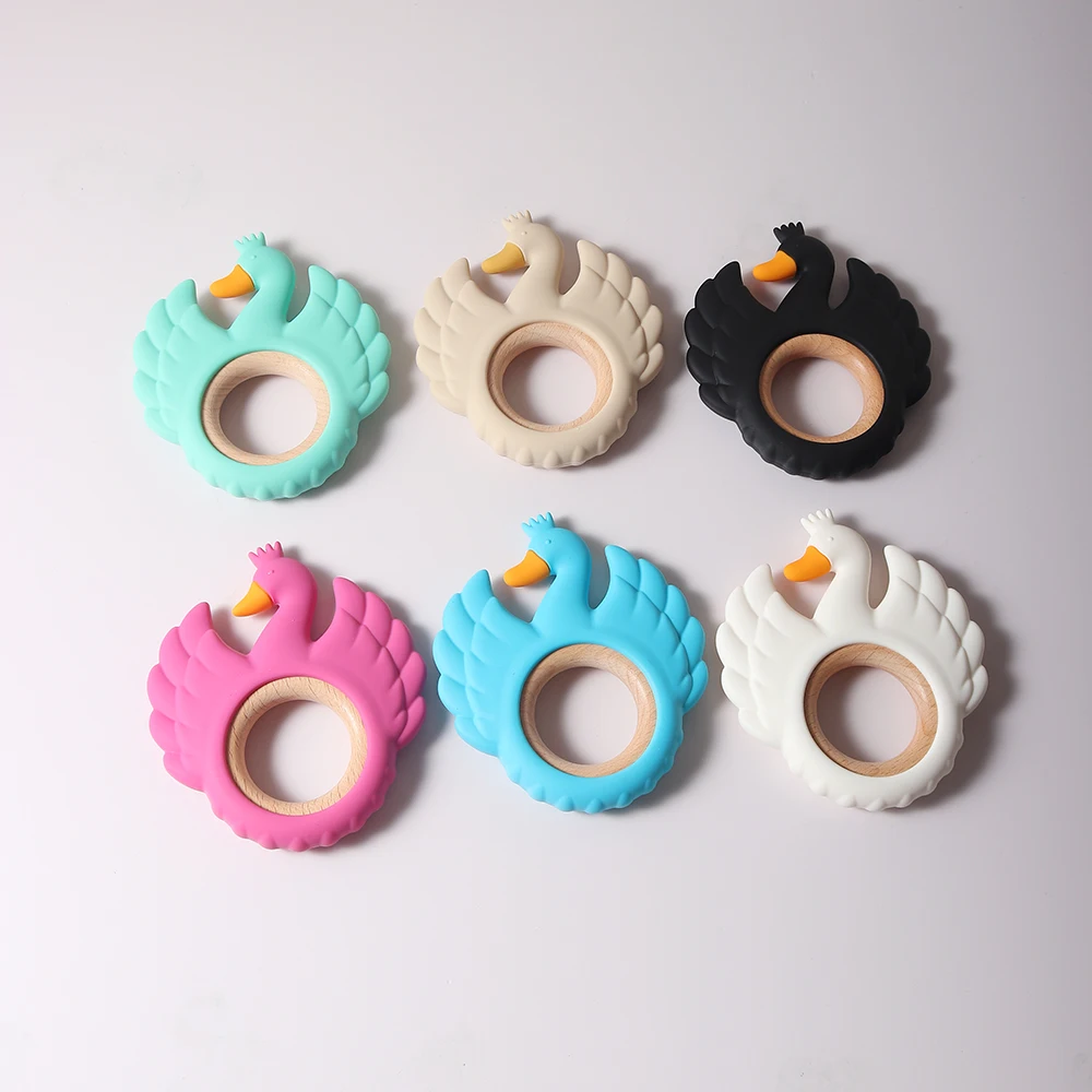 2024 new swan silicone teether Food Grade wooden ring  baby Teething toy