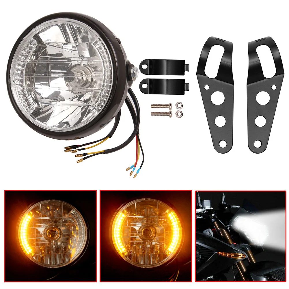 

7" Motorcycle Headlight Lamp Amber LED Turn Signal Indicator With Bracket For Harley Chopper Cafe Racer Bobber