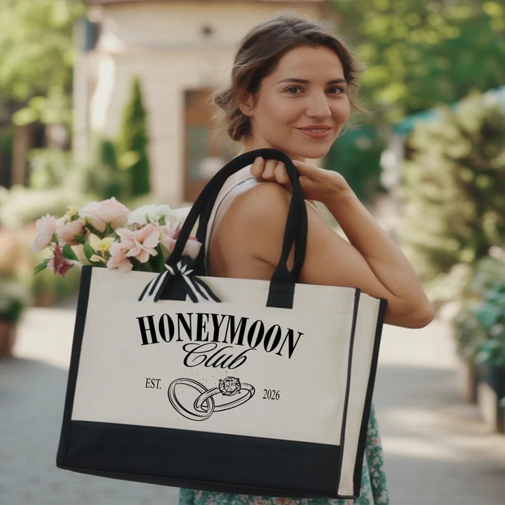 

Custom Honeymoon Travel Canvas Bag Personalized Bride Bridesmaid Name Printed Beach Wedding Gift Just Married Tote Bag