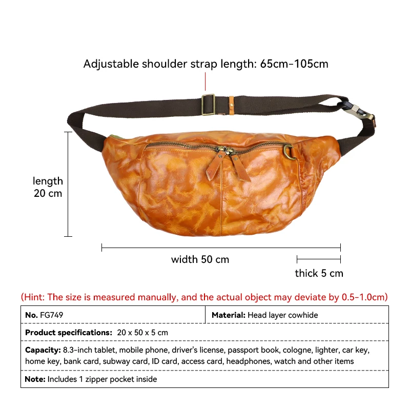 Vintage Pleated Old Chest Bag For Men Casual Genuine Leather Multi-functional Crossbody Shoulder Bag Lager Breast Bag