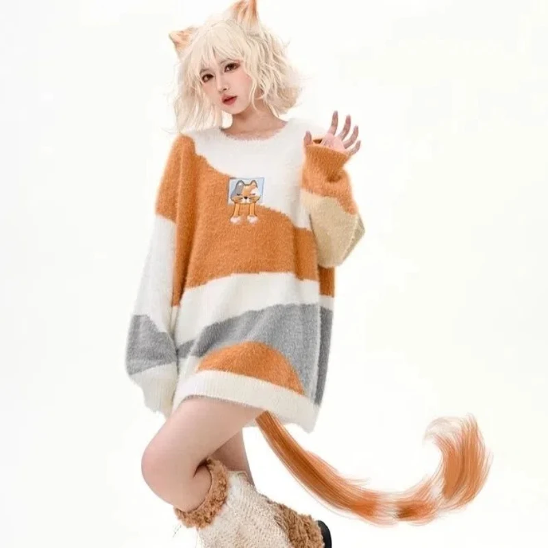 

Милый кот, осенне-зимний новый женский контрастный цвет с открытыми плечами, искусственный норковый мех, мягкий клейкий свитер, вязаный свитер