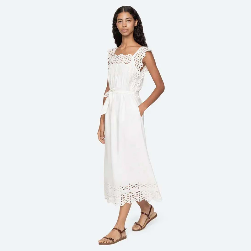 

Elegant Embroidered White Cotton Blend Spring Summer Women's Dress with Belt Casual Hollow out Top And Pants Set