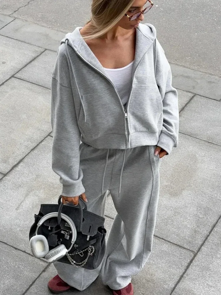 

Autumn Casual Solid Long Pants 2 Piece-Set Female Loose Hooded Top And Wide-Leg Pants Fashion Clothes Women's Pants Sets