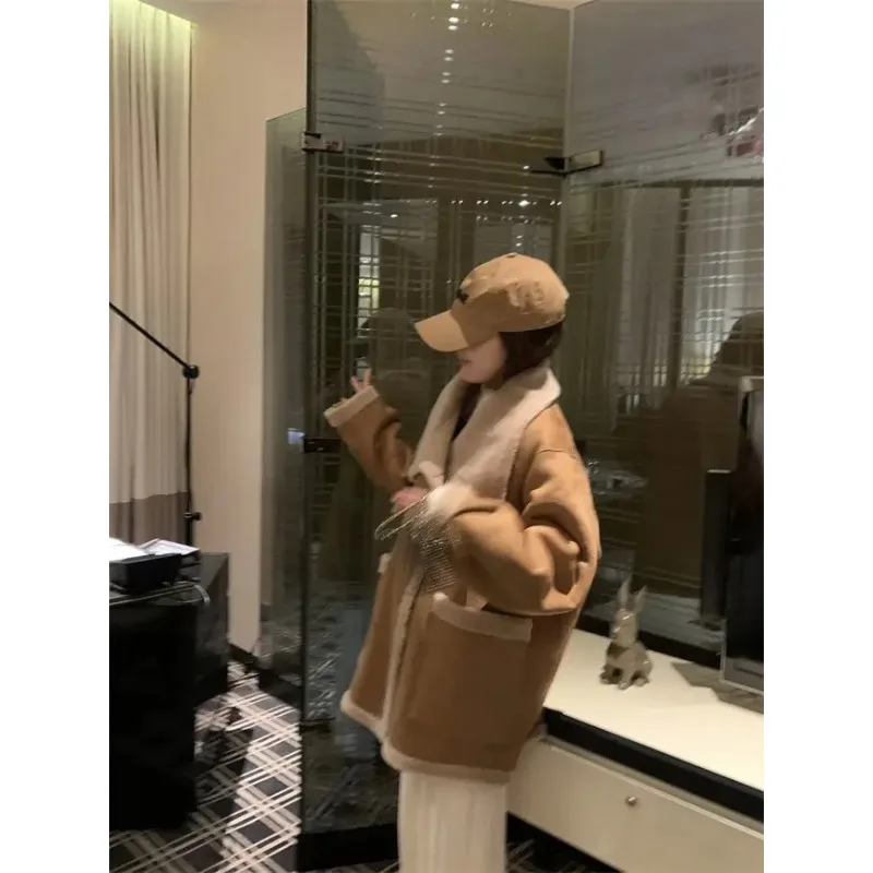 Solid Color Coat Square Collar Fake Fur Coat High Quality Mink Fur Coat Winter Warm Elegant Mid-length Coats Street Style N71