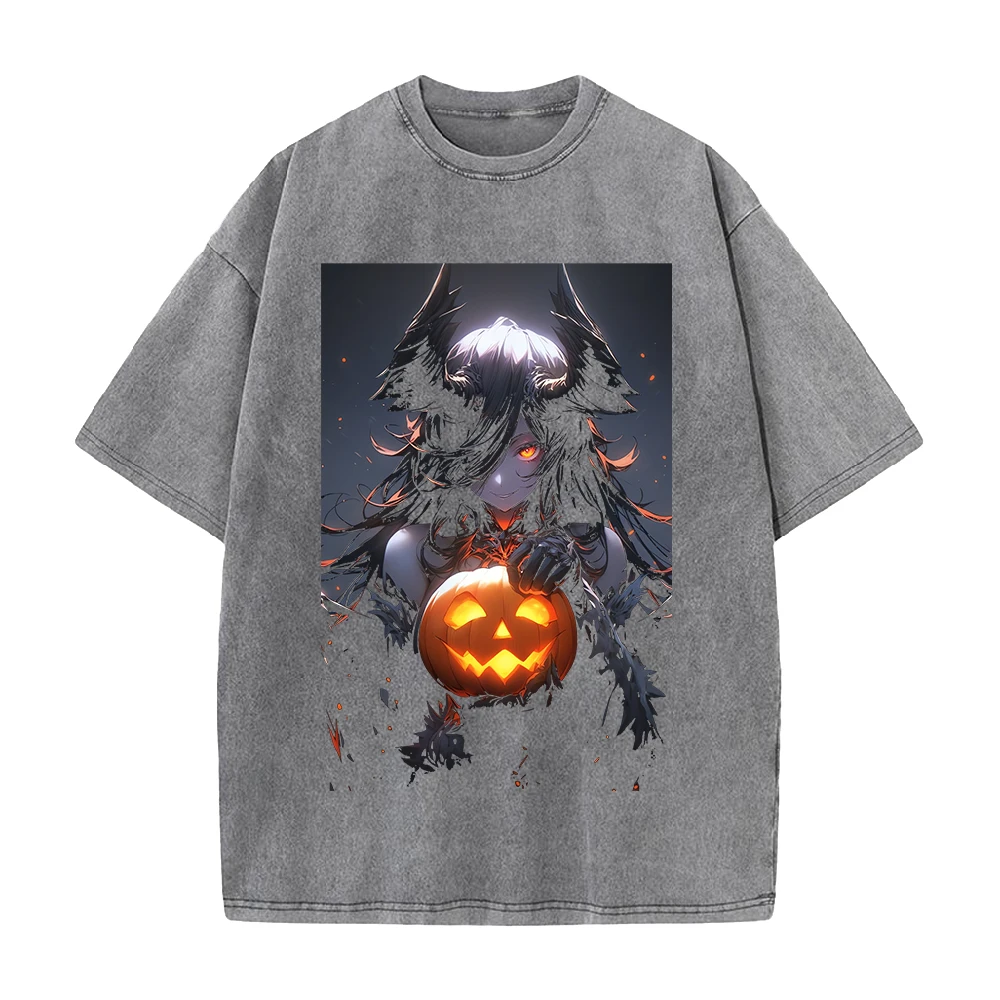 Overlord Albedo Halloween Printed Tee Men Women Washed Cotton T-shirts Manga Vintage T Shirt Harajuku Male Short Sleeve Tshirt