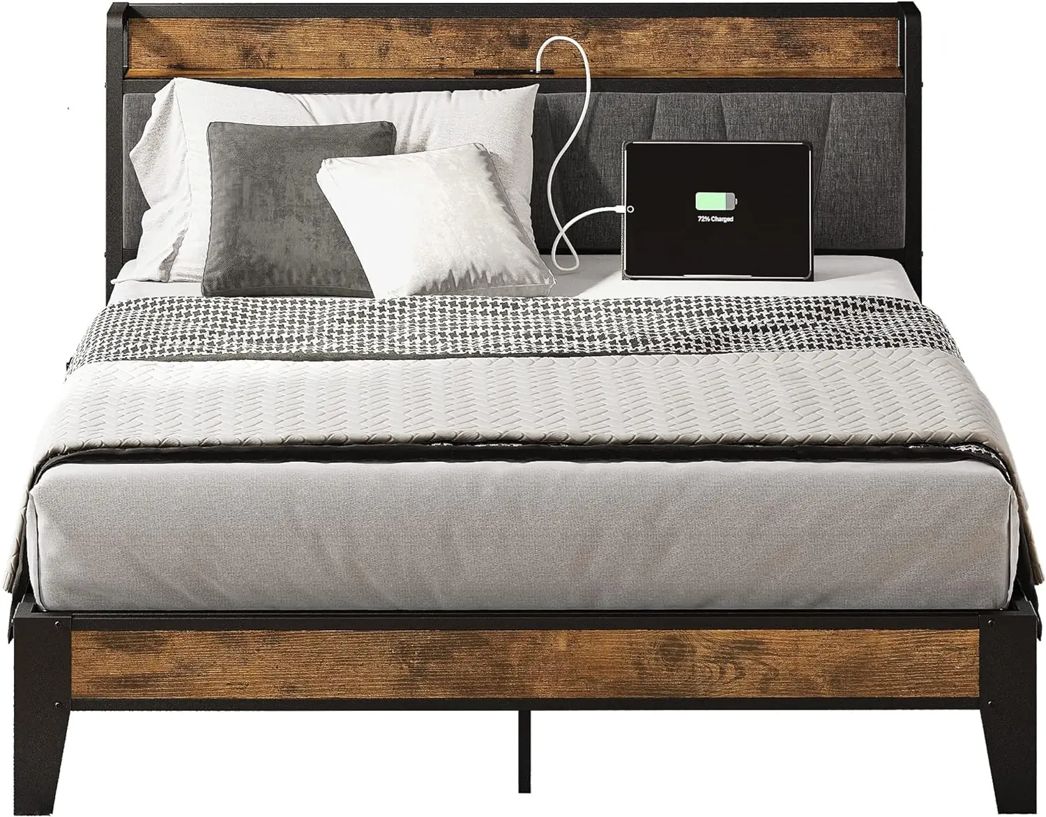 Full Bed Frame, Storage Headboard with Charging Station, Solid and Stable, Noise Free, No Box Spring Needed, Easy Assembly