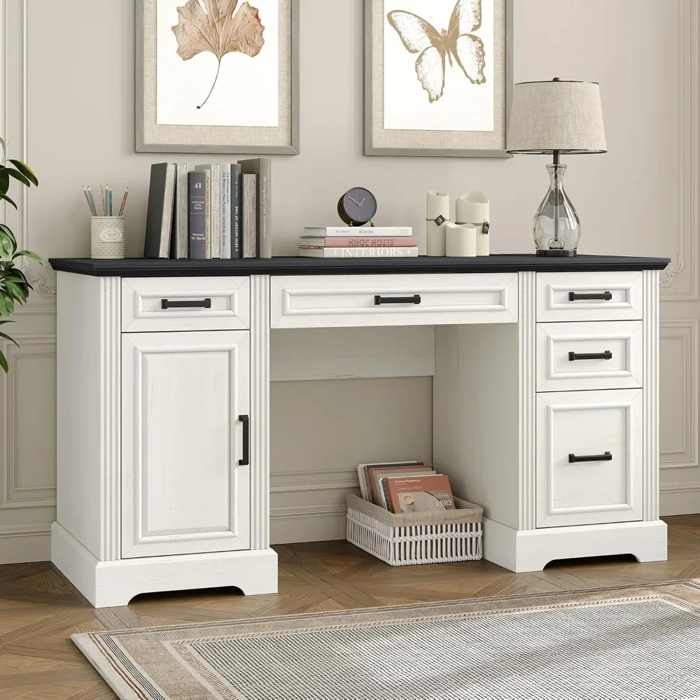 58 Executive Desk, Farmhouse Computer Desk with Drawers and Cabinet with Charging Station, Wooden Home Office Desk, Workspace
