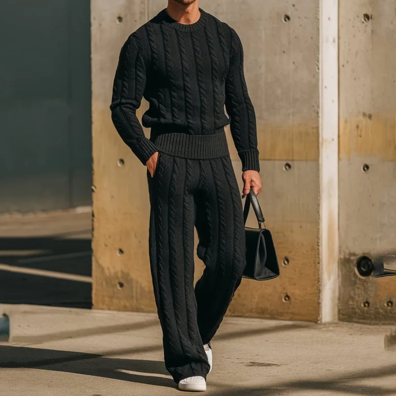 Men's Autumn And Winter New Crew Neck Knitted Sweater Twist Long Sleeve Sweater Trousers Thermal Suit
