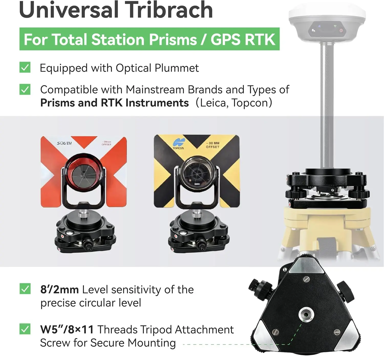 Universal Tribrach Base GPS RTK Total Station Prisms Black Aluminum Alloy Construction Durable 58x11 Thread Surveying Equipment