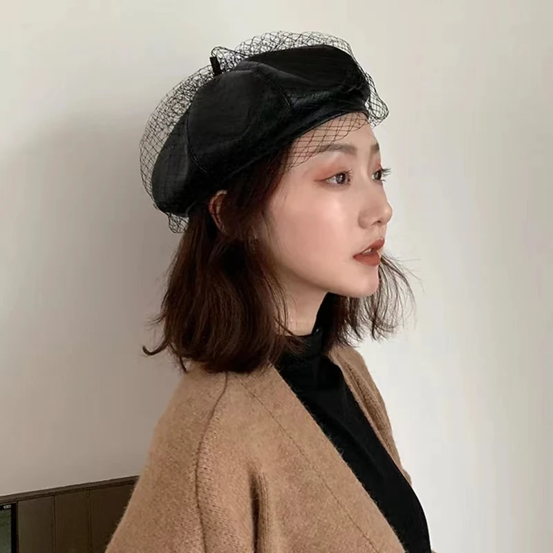 New Fascinating Black Winter Hat Chic Leather French Beret with Veil Mesh Show Fashion Double Layer Warm Women Beret Beanies Cap