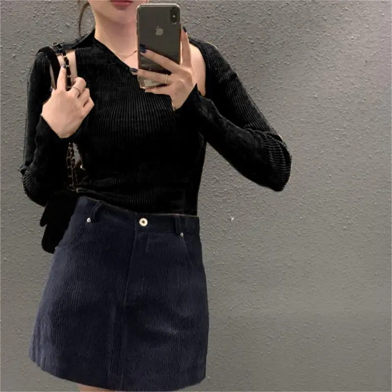 Green Hollow Out Sweater Sueters Mujer Pullover Jumper Sexy Diagonal Shoulder Top Knitted Shirts for Women Black Jersey Sweaters