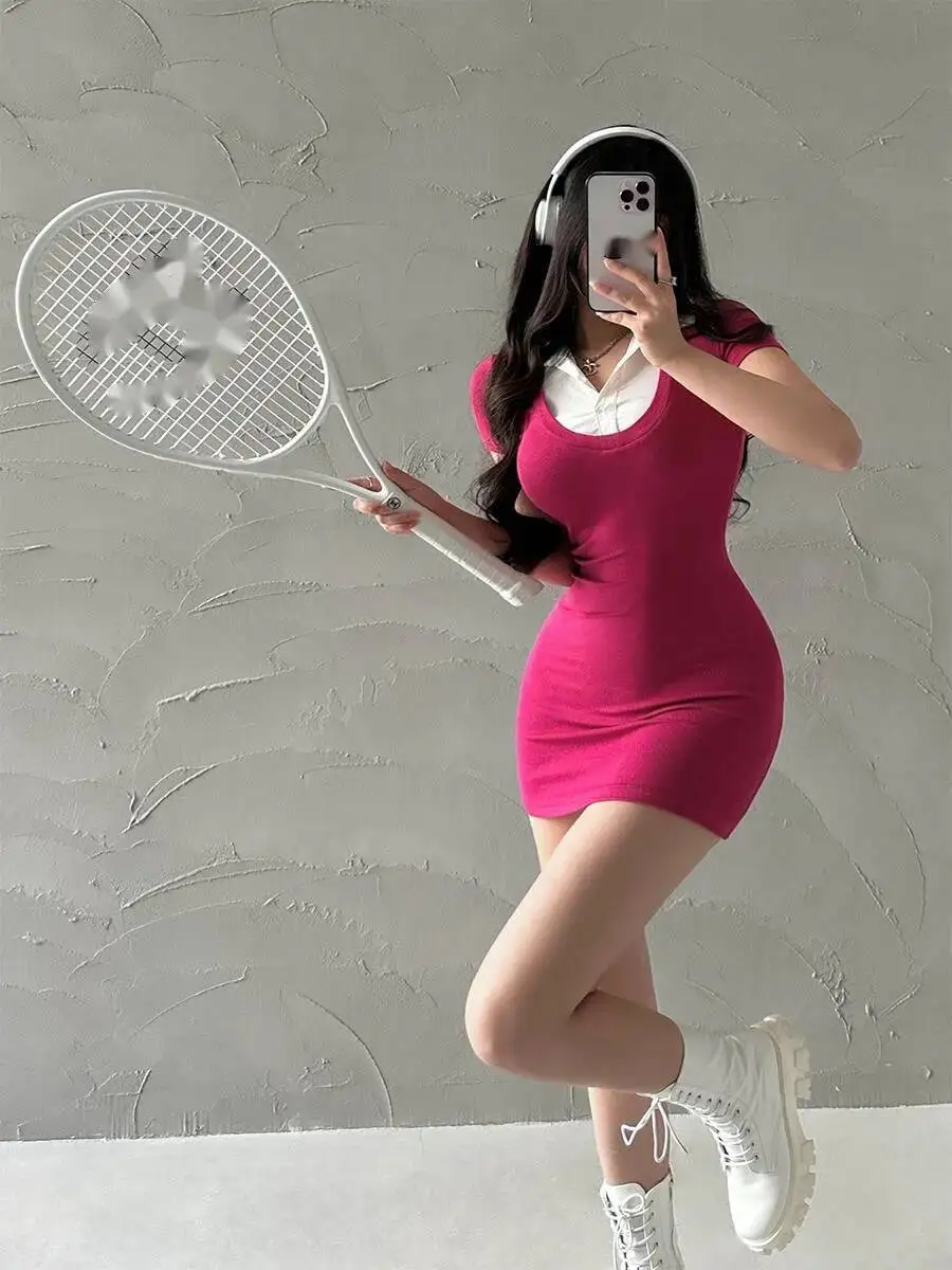 WOMENGAGA Sexy Slim Polo Collar Contrast Fake Two Piece Short Sleeve T Shirt Dress Short Dresses Summer Fashion Korean S8AY