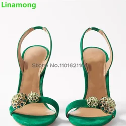 Green Crystal Luxury Design Sandals For Female Women 2024 Summer New Round Toe Thin High Heel Back Strap Slingback Elegant Shoes