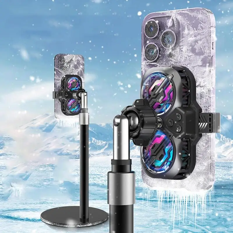 

Adjustable Cooling Mobile Phone Cooler Silent Mobile Phone Radiator Dual Cooling Fans For Live Streaming With RGB Lights