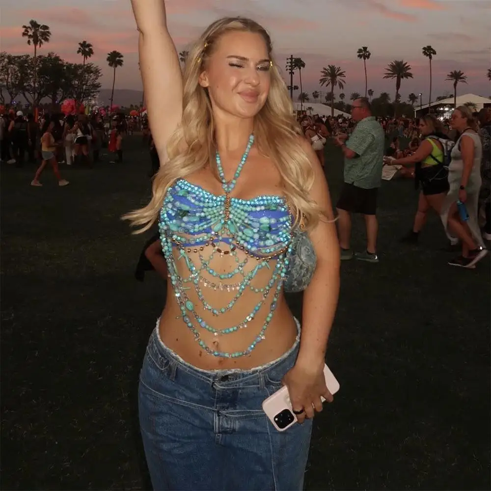 

Handmade Beaded Hollow out Fringe Strap Music Par Body Jewelry Women's Handmade Diamond Cross-Border Sexy Bra Nelace