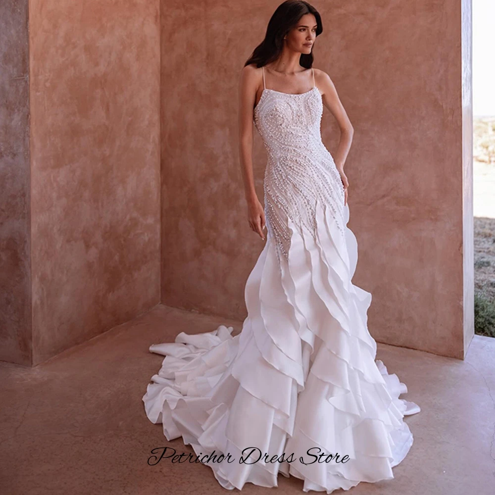 Charming Ruffles Organza Vestido De Novia Spaghetti Straps Mermaid Bridal Gowns Customized Exquisite Pearls Wedding Dress image 5