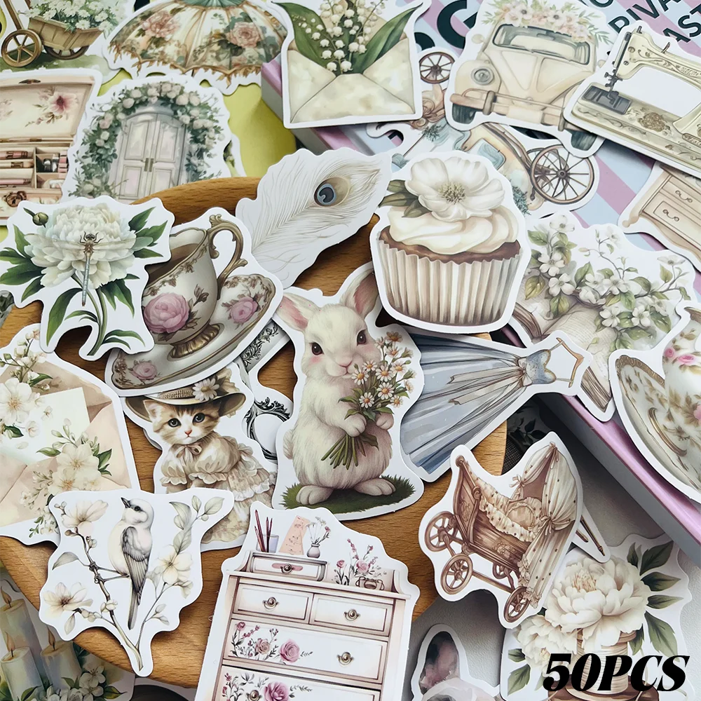 

50pcs White Vintage-Style Stickers for DIY Notebooks, Diaries, Scrapbooks, Notebooks, and Water-Resistant Decorative Stickers fo