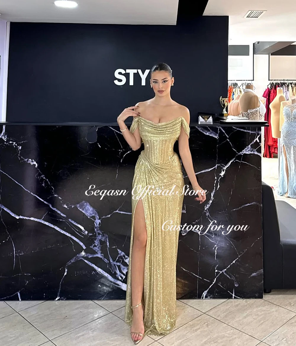 Vestidos de Noche dorados brillantes, vestidos de fiesta con abertura lateral de sirena sin tirantes, vestido Formal elegante para ocasiones Gala 2025 personalizado