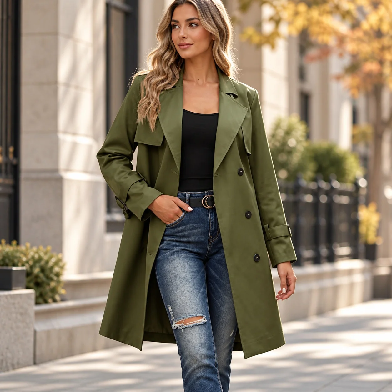 Patchwork Square Neck Coat with Strap Detail Regular Fit Elegant Mid Length Double Breasted Long Sleeve Women Autumn Coat
