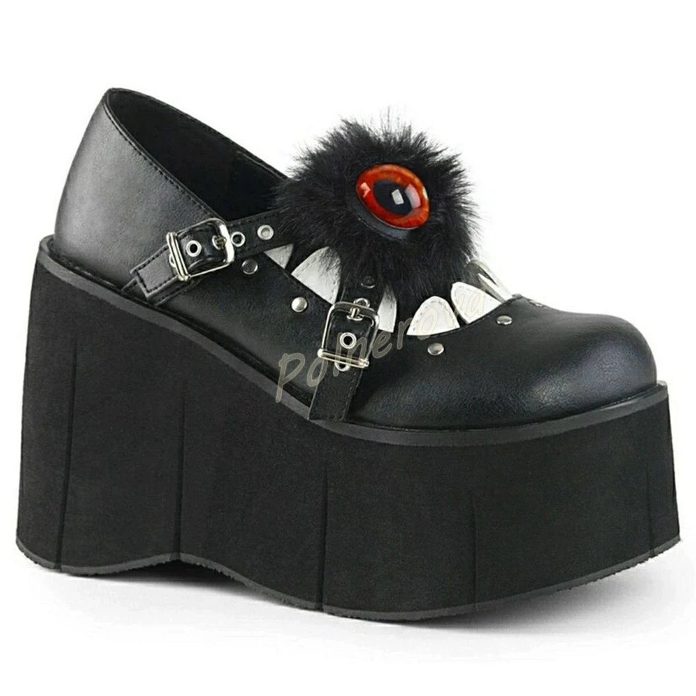 3D Eye Fur Decor Mary Jane Pumps Women Platform Wedge Double Buckle Strap Rivet Shoes Round Toe Black Punk Wedge Heel Shoes