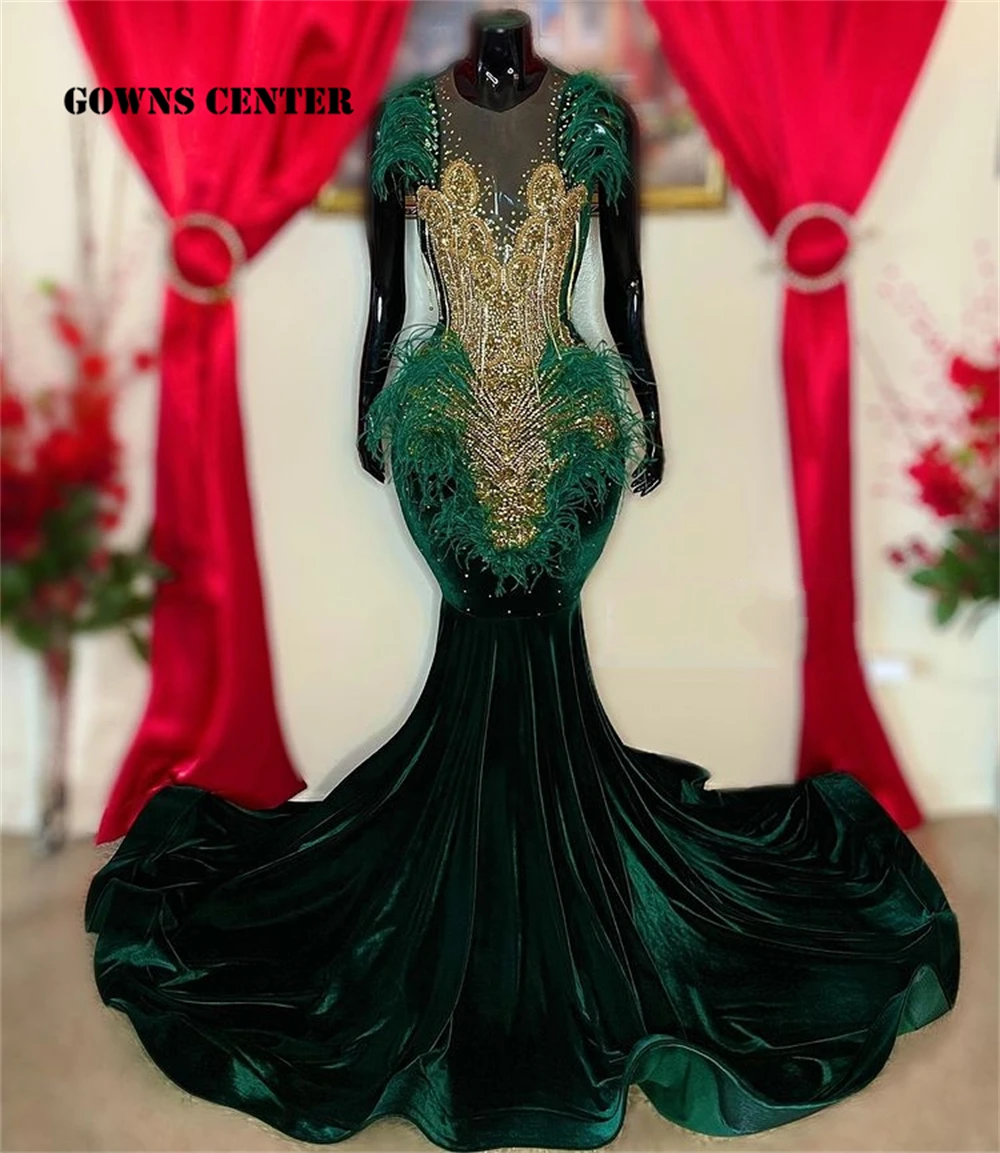 Robe de bal de luxe en velours vert foncé, plumes, cristal doré, perles, robe élégante pour fête de mariage, robe sirène noire pour filles