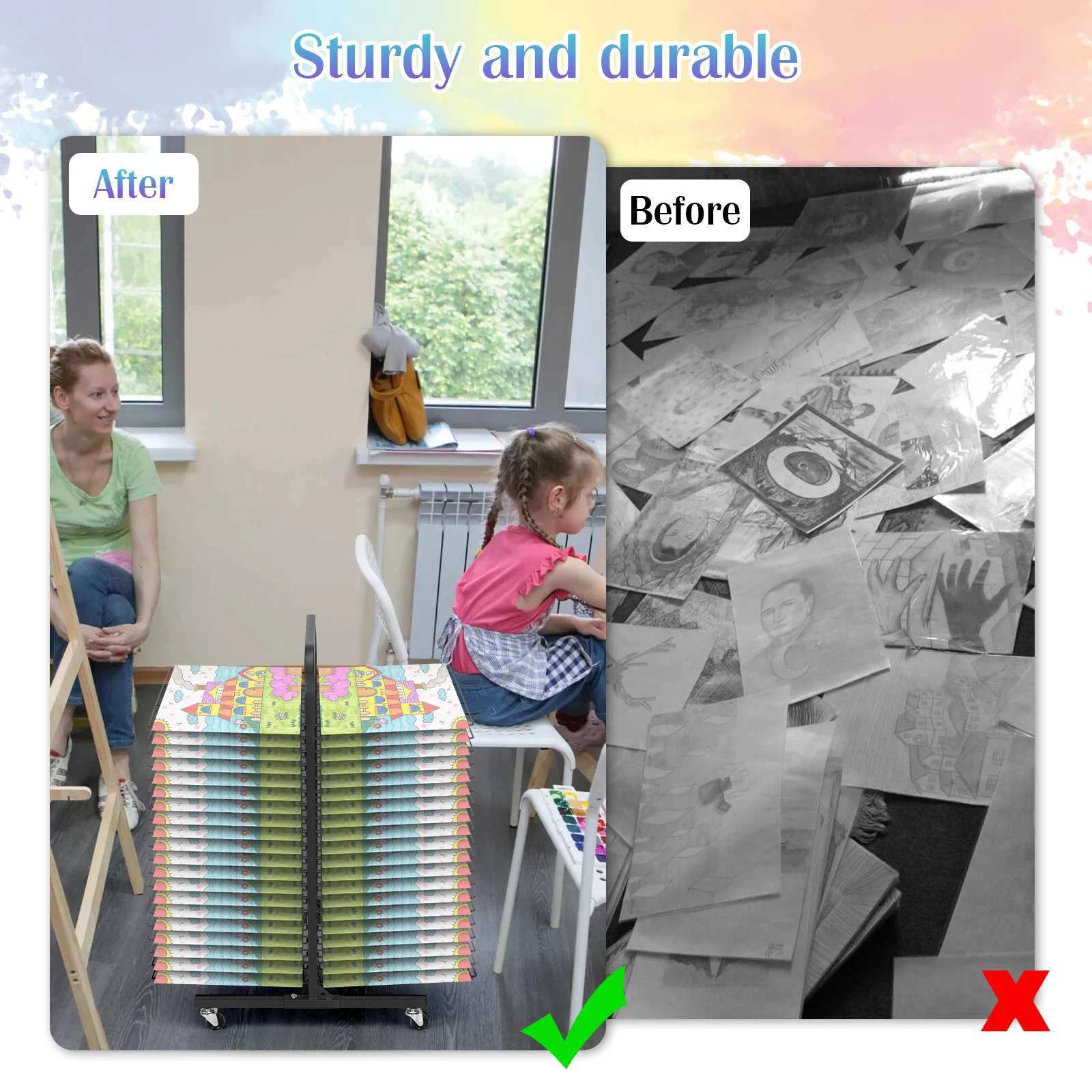 

20-Shelf Art Storage Rack with Lockable Wheels Metal Painting Rack Removable Shelves Drying Stand for Classrooms and Art Studios