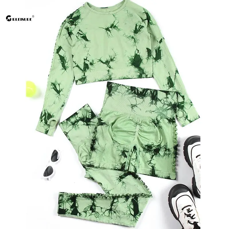 

CHRLEISURE 3PCS Tie Dye Yoga Set Women Hollow Seamless Sports Suit Slim Athletic Fitness Outfit Gym Outdoor Running Sportswear