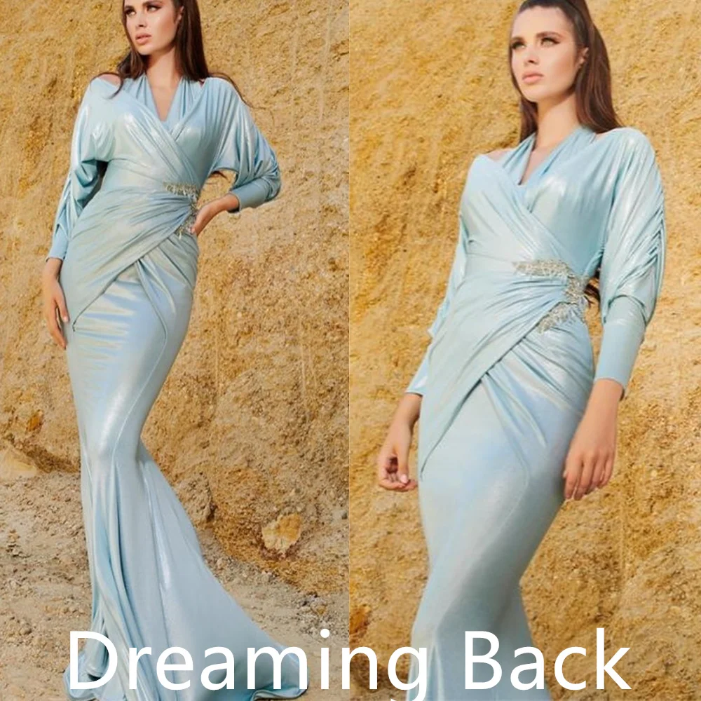 Customized  Elegant Blue Satin Vestido De Festa Modern V-Neck Long Sleeves Ruched Mermaid Belt(Sashes) Zipper Back Robe de soiré