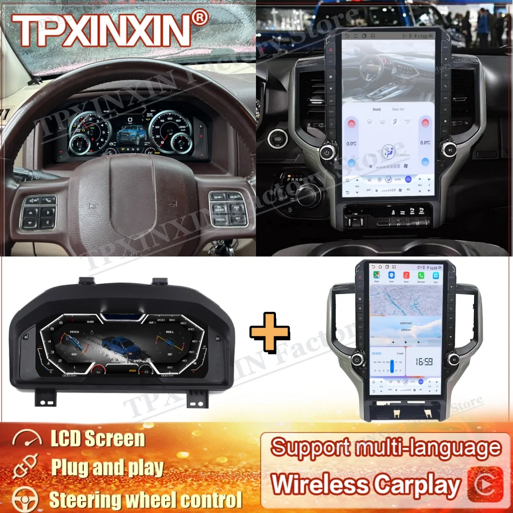 Car dashboard +Car Radio For Dodge Ram Trucks 2019~2023 Digital LCD Virtual Cluster Cockpit Carplay Dashboard Panel Speed Meters
