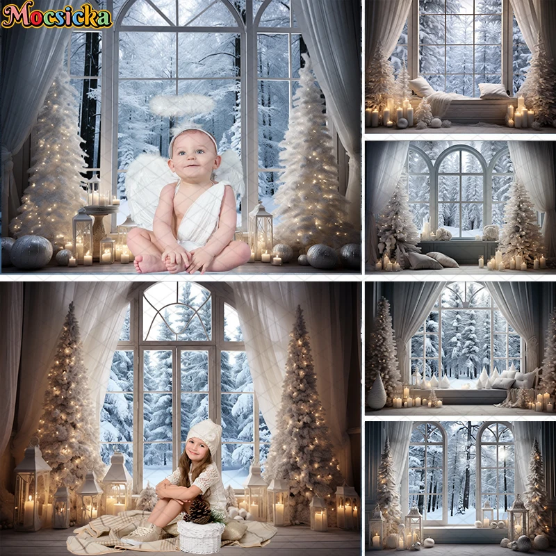 Mocsicka-Fondo de fotografía de invierno y Navidad para niños, ventana de nieve, bosque, árbol de Navidad, retrato familiar, decoración de estudio