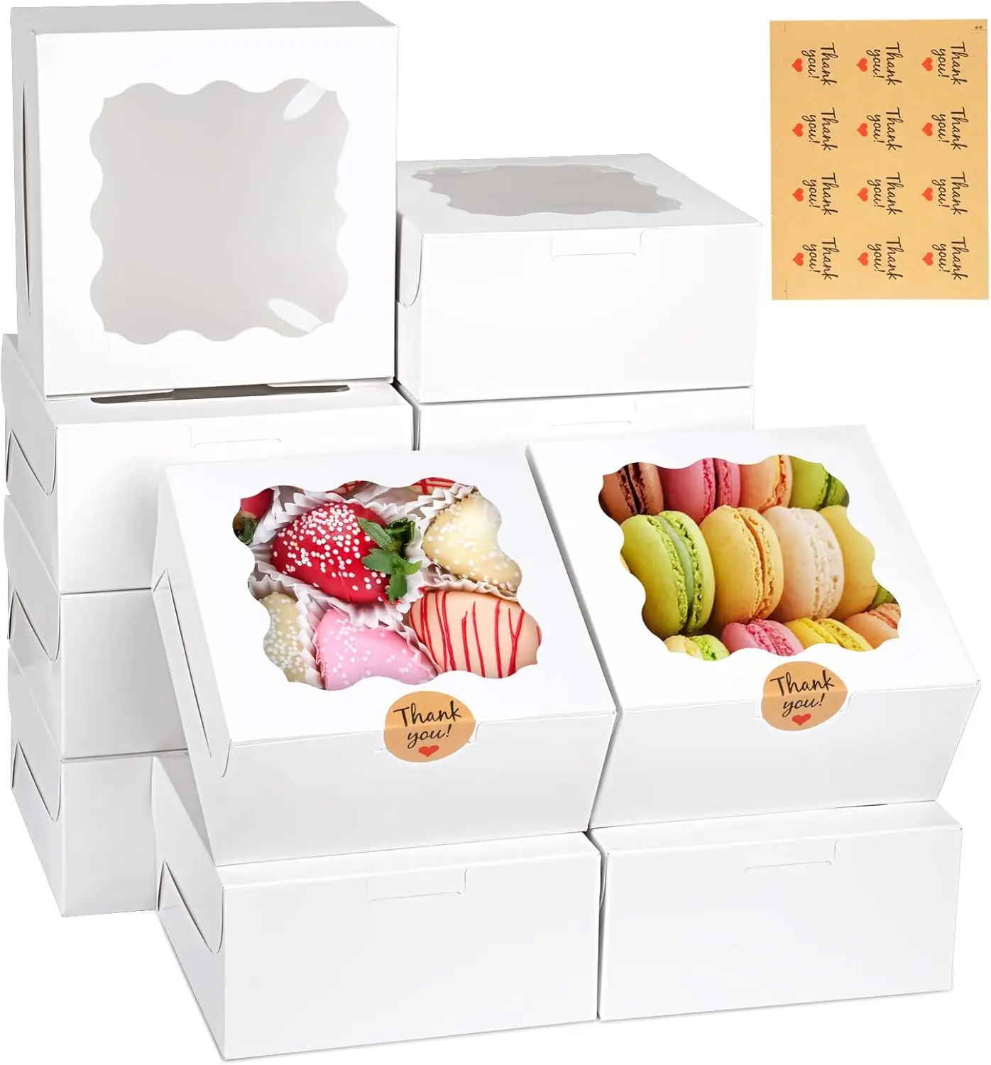 

12 Cookie Boxes with Window, 6x6x3 Inch Treat Boxes for Bakery Dessert Pastry Mini Cake Favor Donut Baked Goods, White with